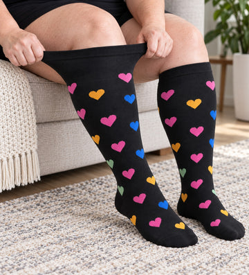 15-20 mmHg Plus Size Wide Calf Compression Socks 10 Pack - Hearts & Symbols - knee-high wide-calf opening stretch demonstration