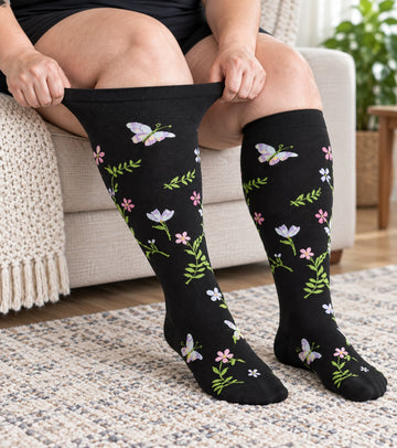 15-20 mmHg Plus Size Wide Calf Compression Socks 10 Pack - Fun Mix - knee-high wide-calf opening stretch demonstration