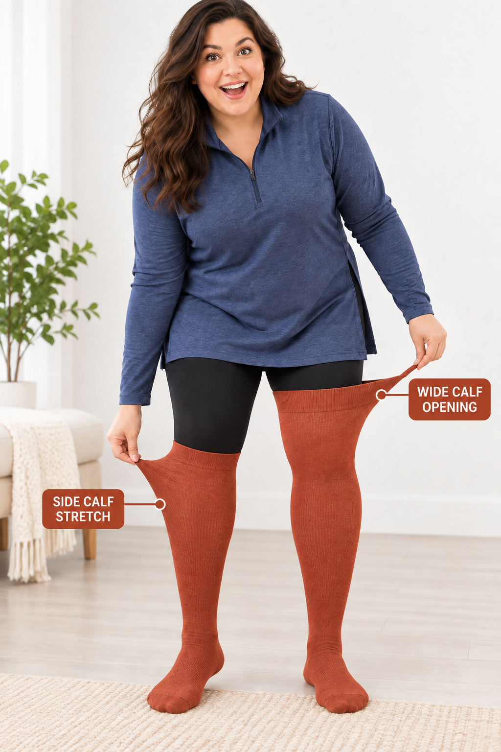 Plus size compression socks showing wide calf opening and side calf stretch