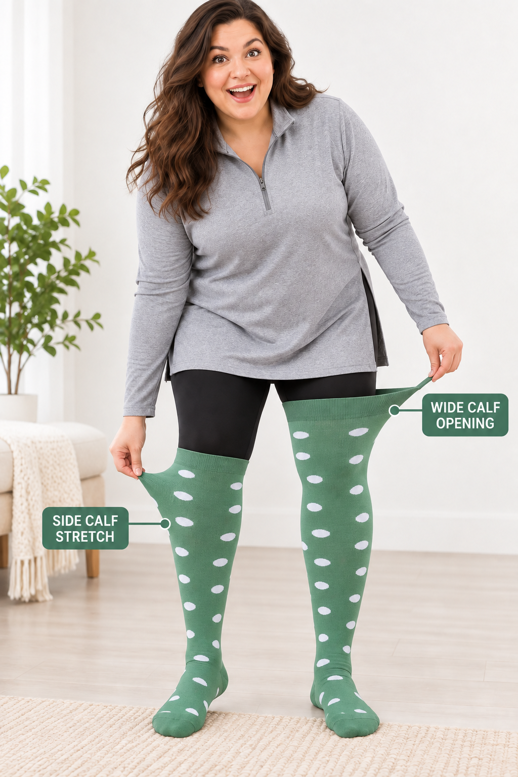 Plus size compression socks showing wide calf opening and side calf stretch