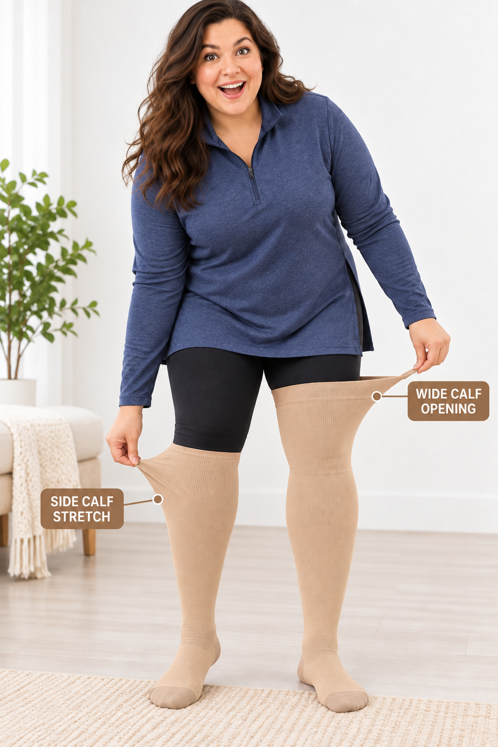 Plus size compression socks showing wide calf opening and side calf stretch