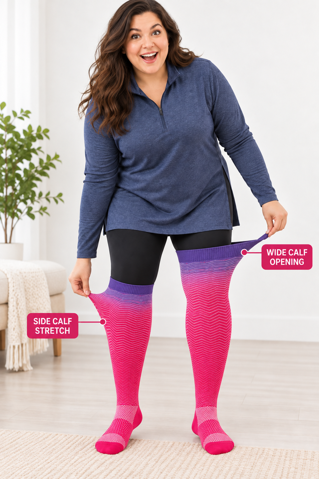Plus size compression socks showing wide calf opening and side calf stretch