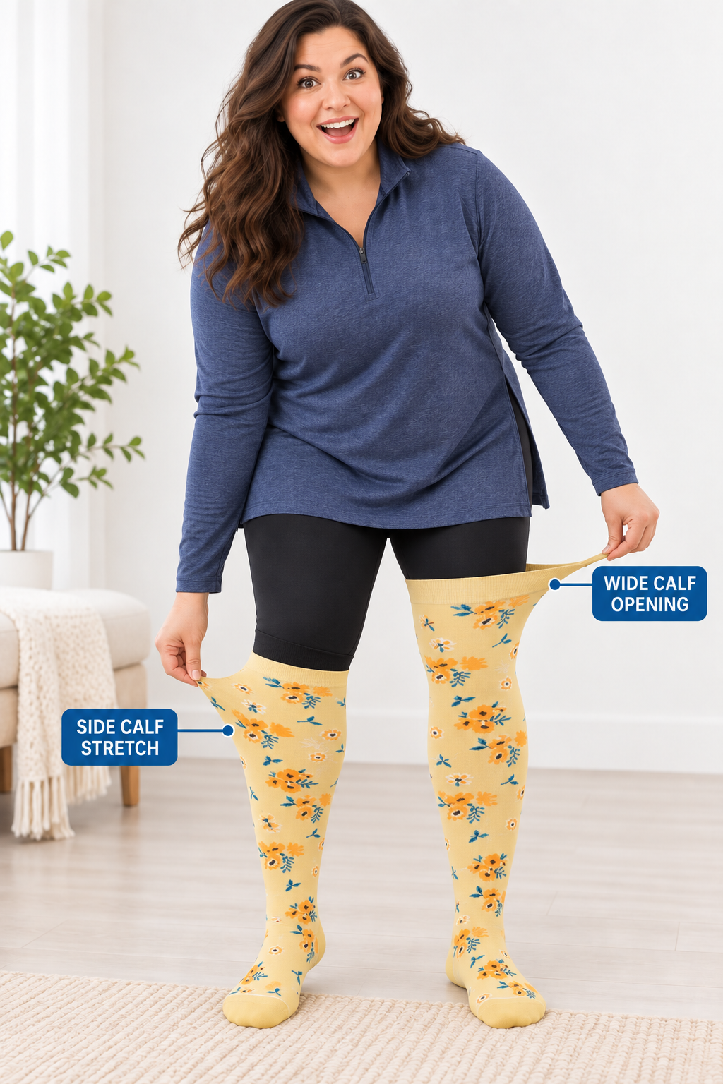 Plus size compression socks showing wide calf opening and side calf stretch