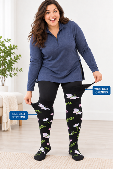 Plus size compression socks showing wide calf opening and side calf stretch
