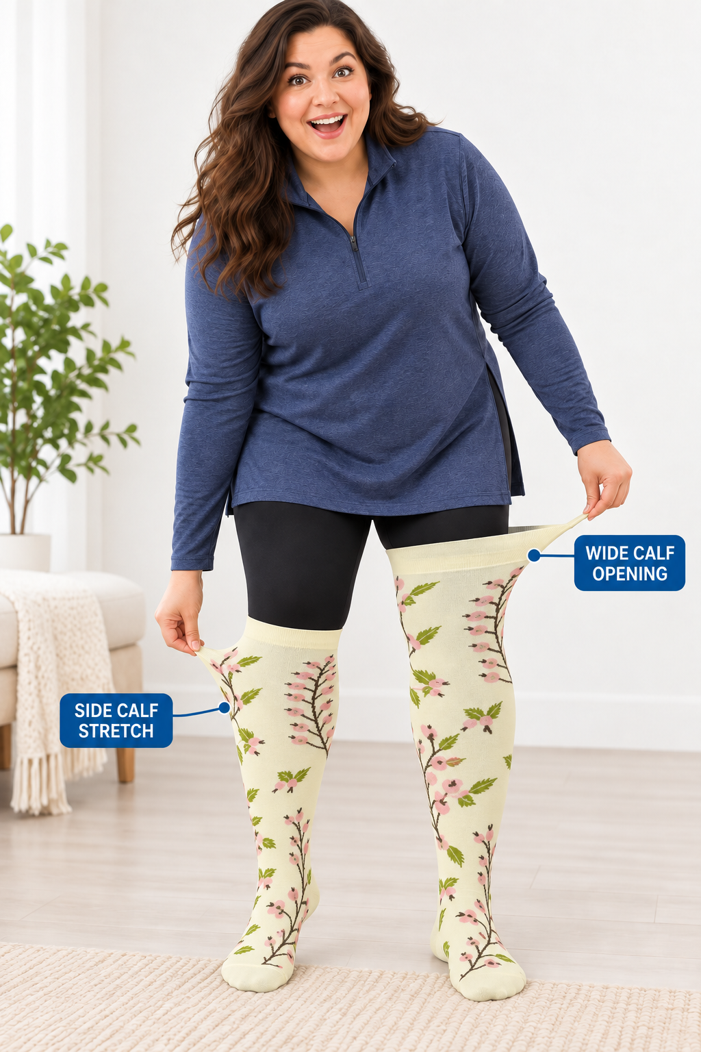 Plus size compression socks showing wide calf opening and side calf stretch