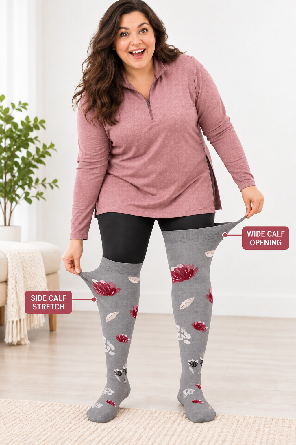 Plus size compression socks showing wide calf opening and side calf stretch