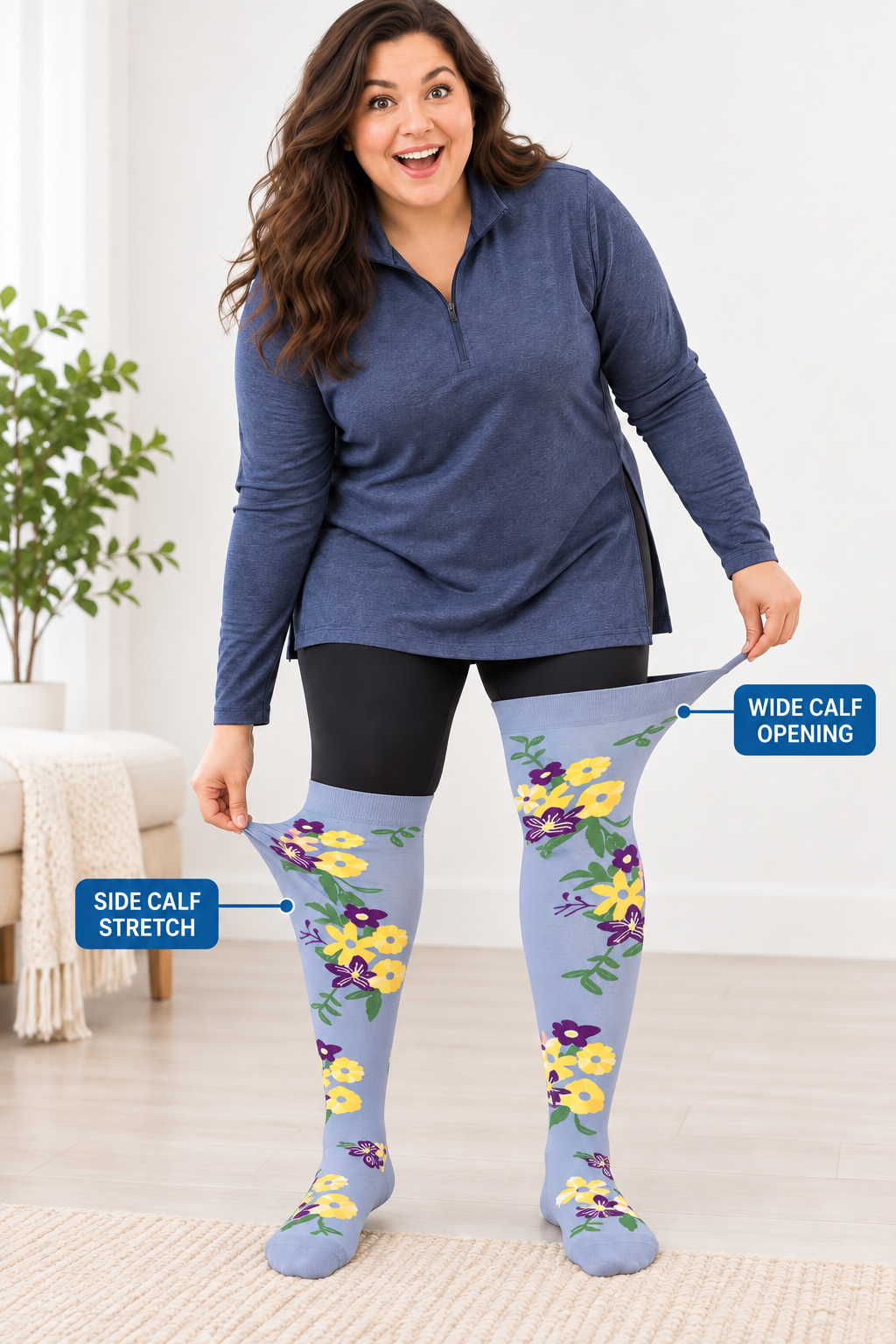 Plus size compression socks showing wide calf opening and side calf stretch
