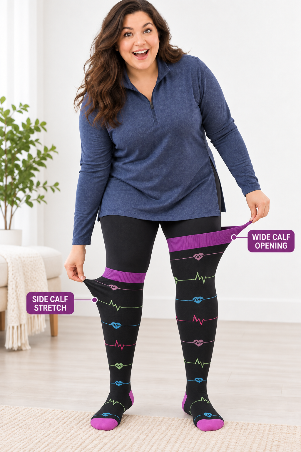 Plus size compression socks showing wide calf opening and side calf stretch