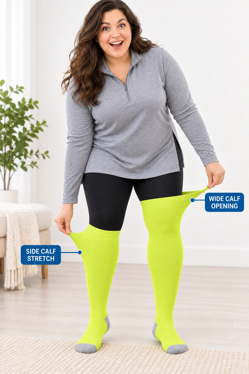 Plus size compression socks showing wide calf opening and side calf stretch