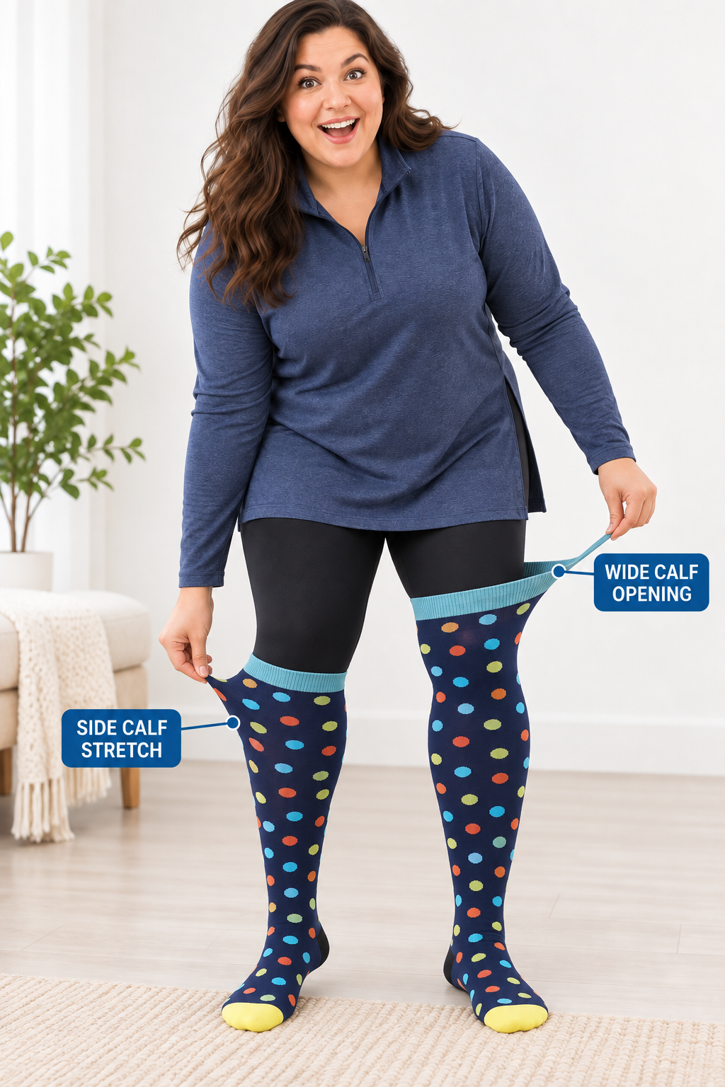 Plus size compression socks showing wide calf opening and side calf stretch