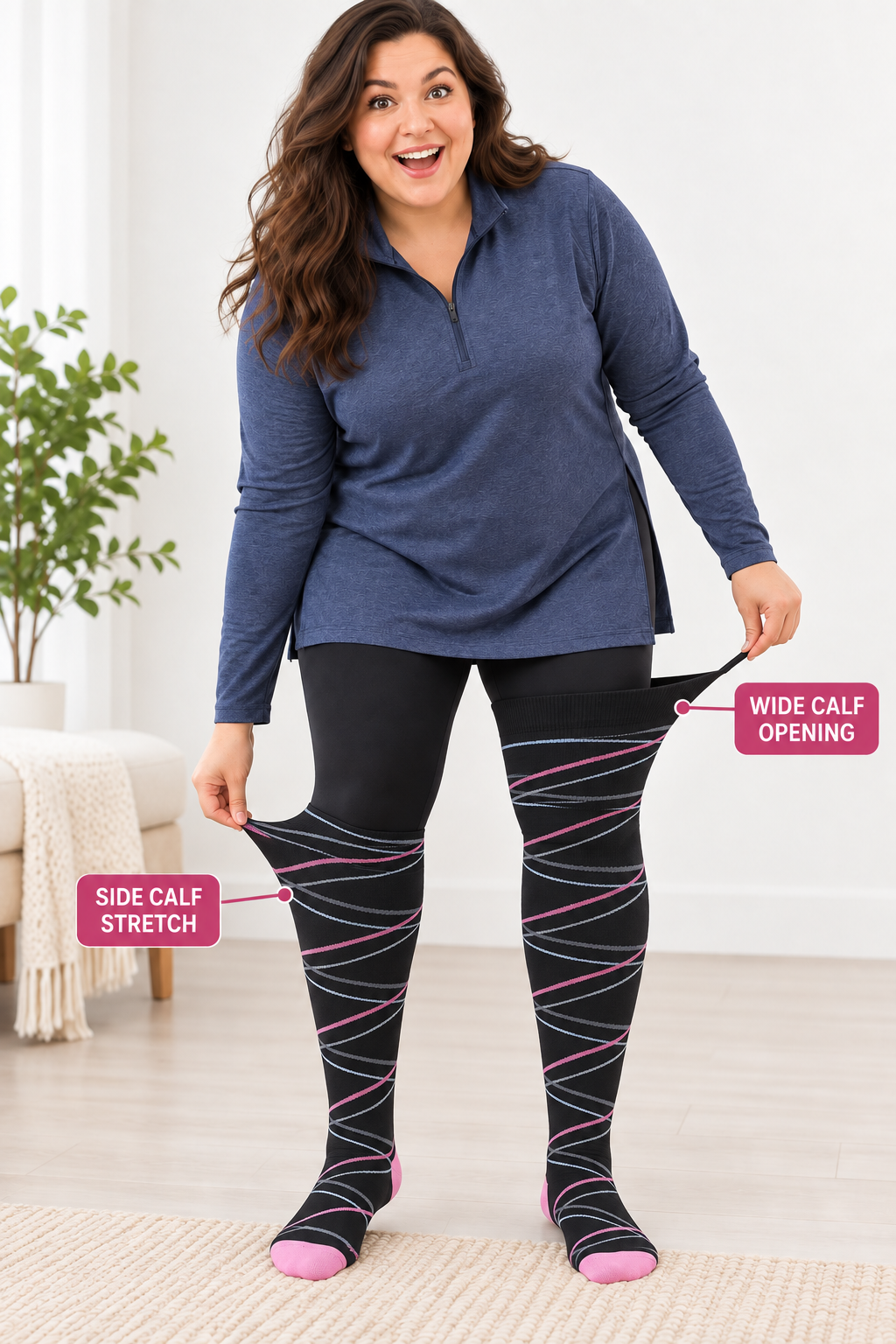 Plus size compression socks showing wide calf opening and side calf stretch