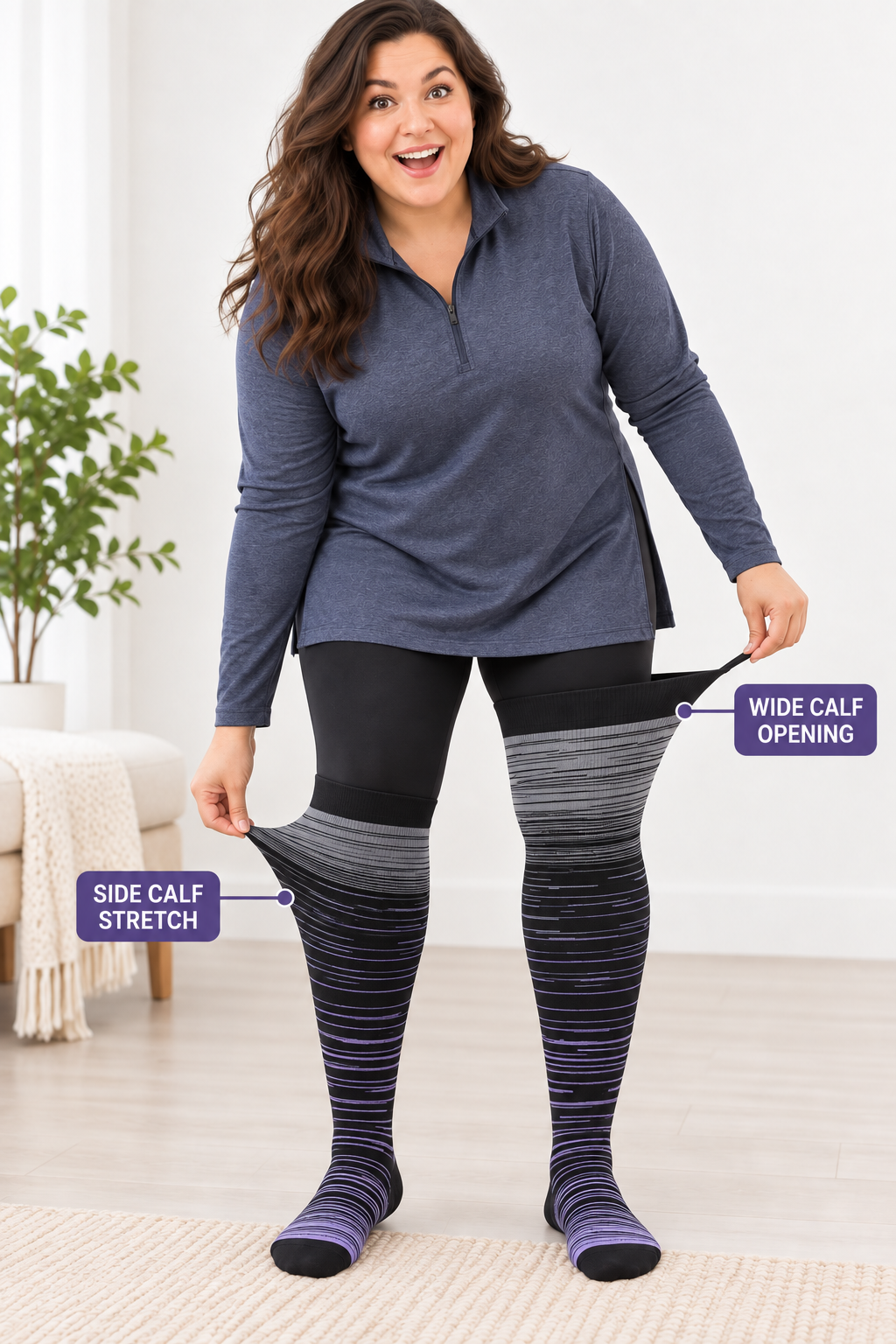 Plus size compression socks showing wide calf opening and side calf stretch