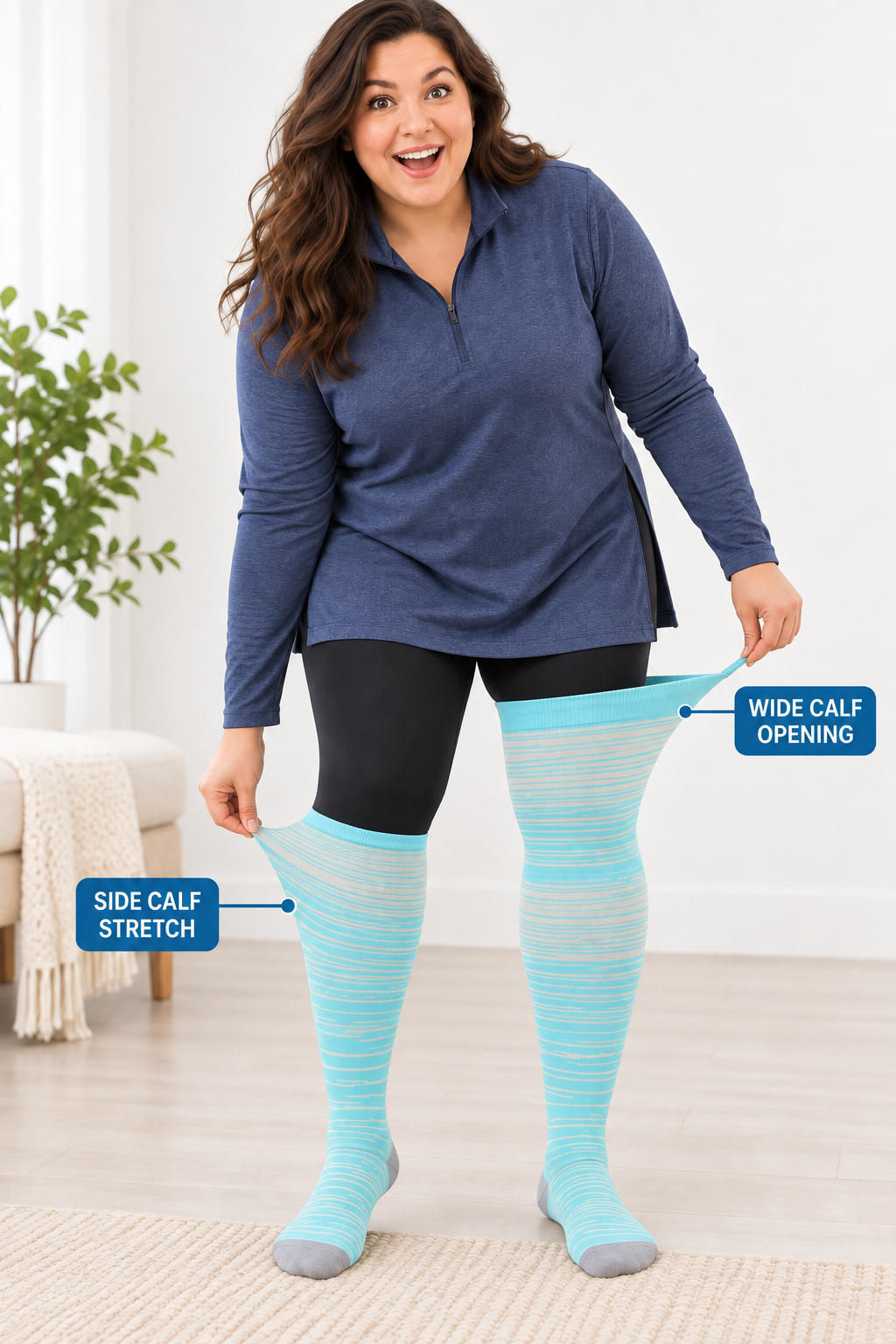 Plus size compression socks showing wide calf opening and side calf stretch