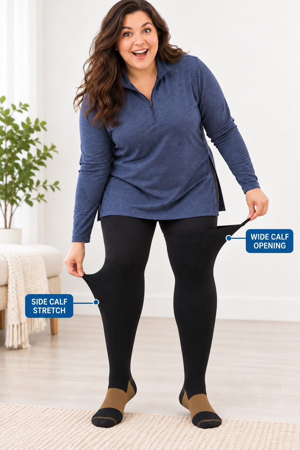 Plus size compression socks showing wide calf opening and side calf stretch