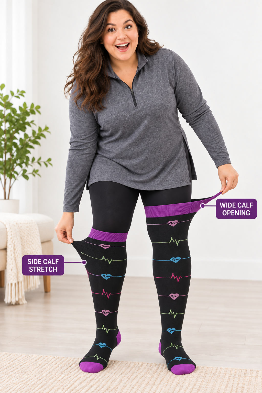 Plus size compression socks showing wide calf opening and side calf stretch