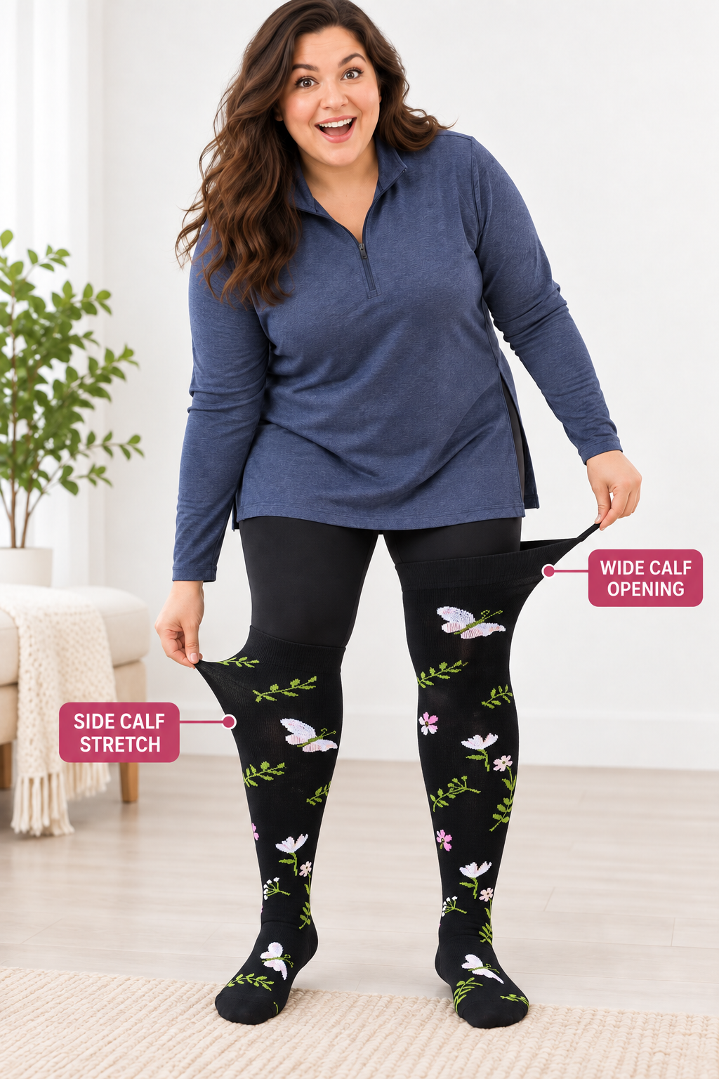 Plus size compression socks showing wide calf opening and side calf stretch
