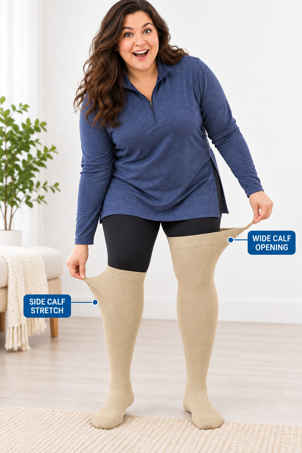 Plus size compression socks showing wide calf opening and side calf stretch