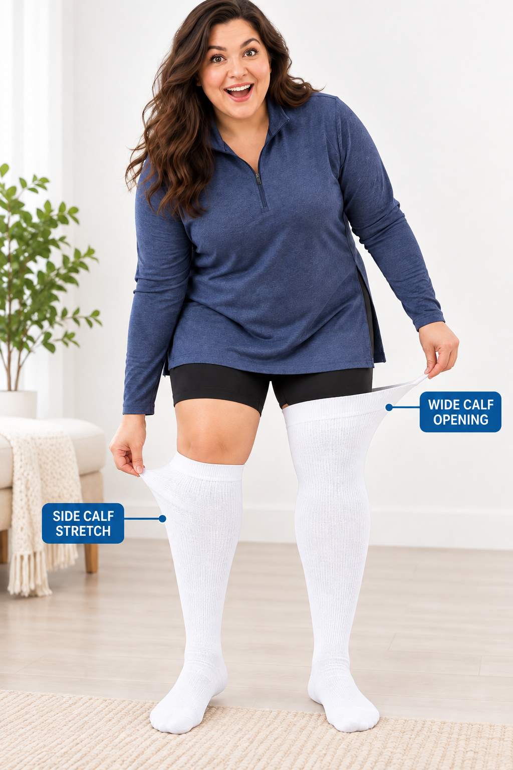 Plus size compression socks showing wide calf opening and side calf stretch