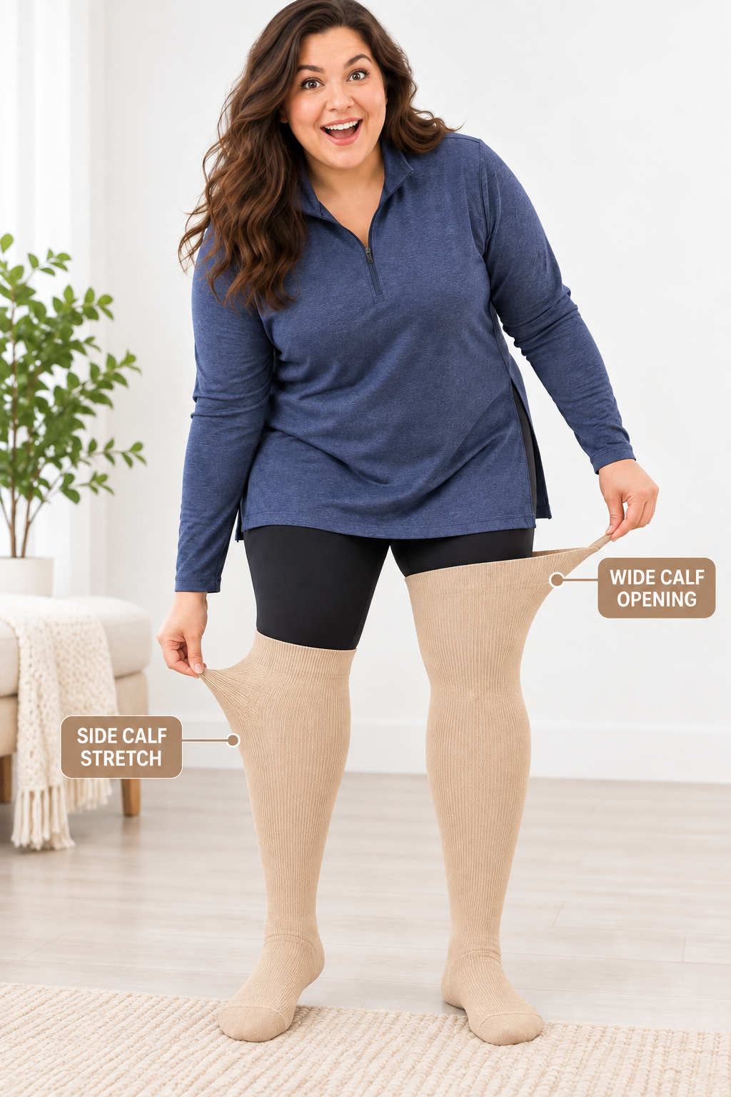 Plus size compression socks showing wide calf opening and side calf stretch