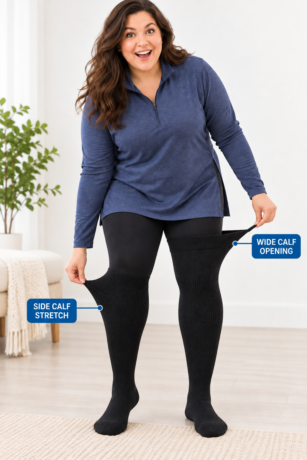 Plus size compression socks showing wide calf opening and side calf stretch