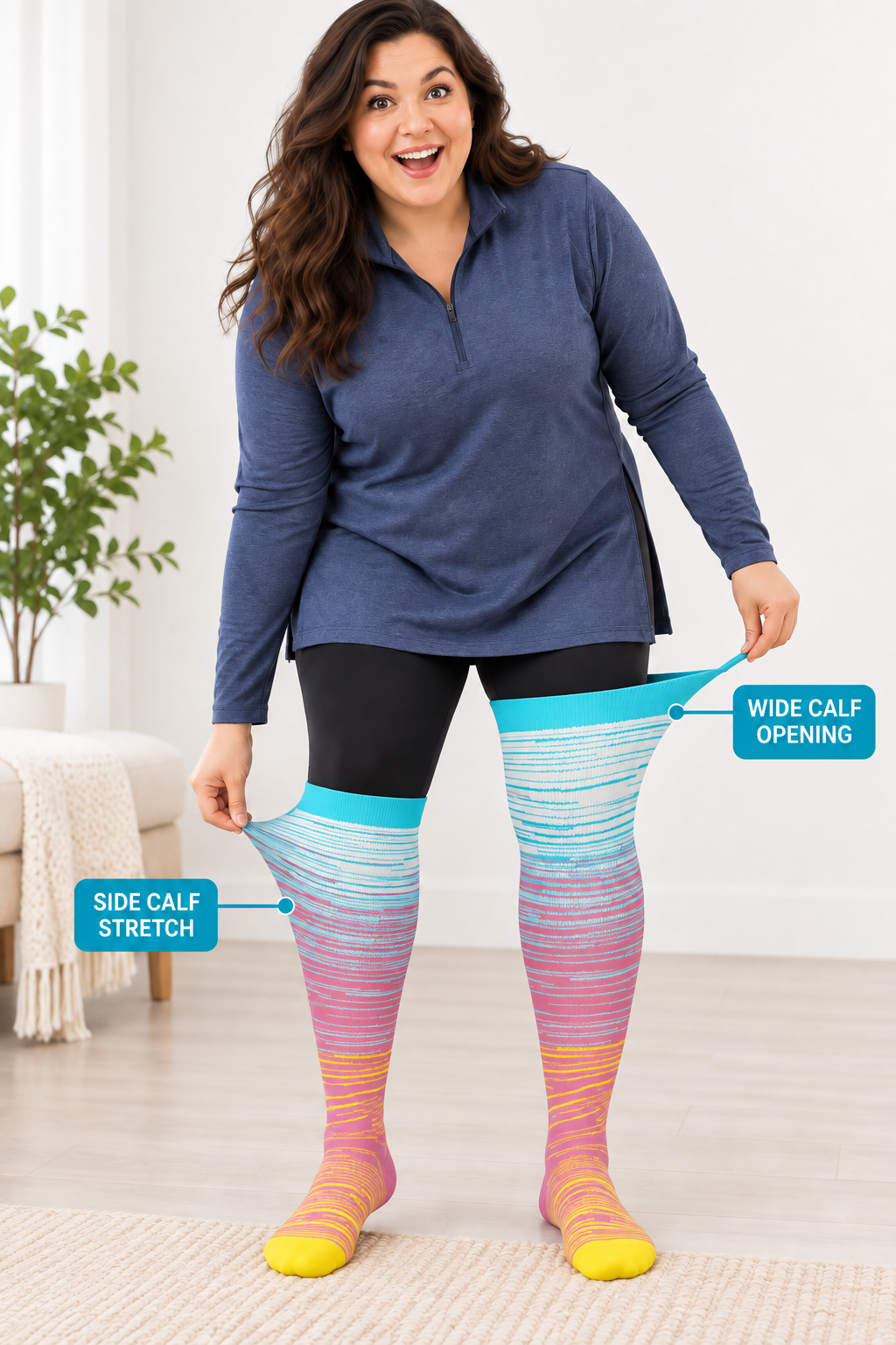 Plus size compression socks showing wide calf opening and side calf stretch