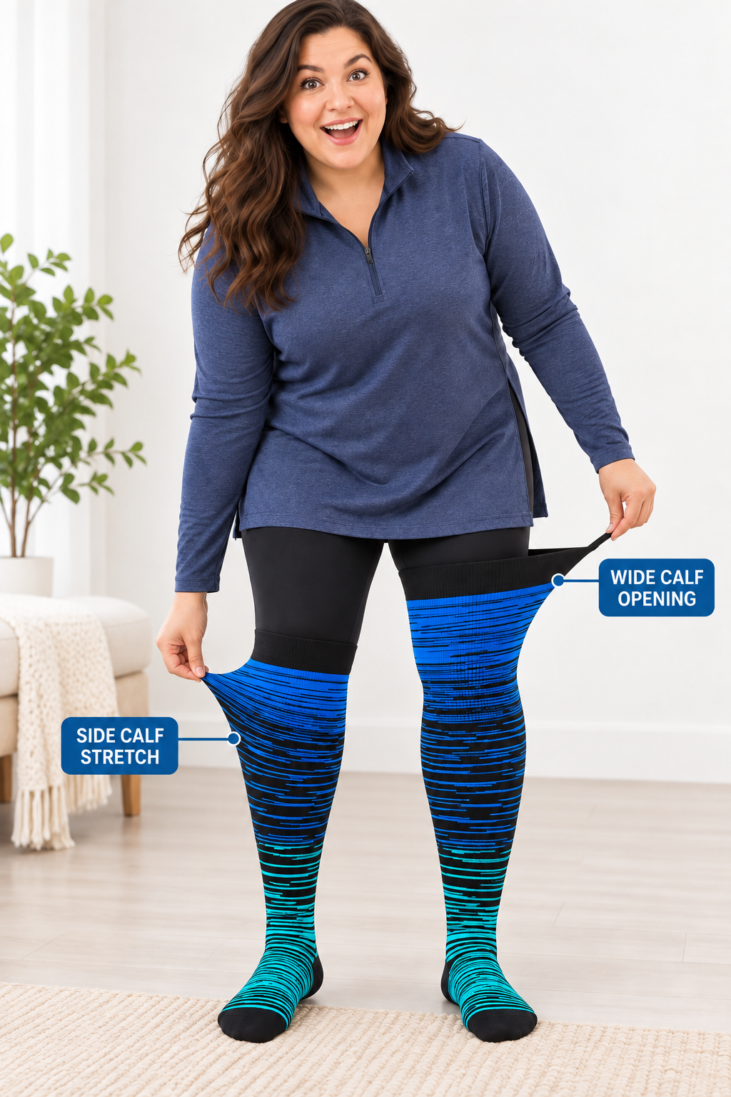 Plus size compression socks showing wide calf opening and side calf stretch