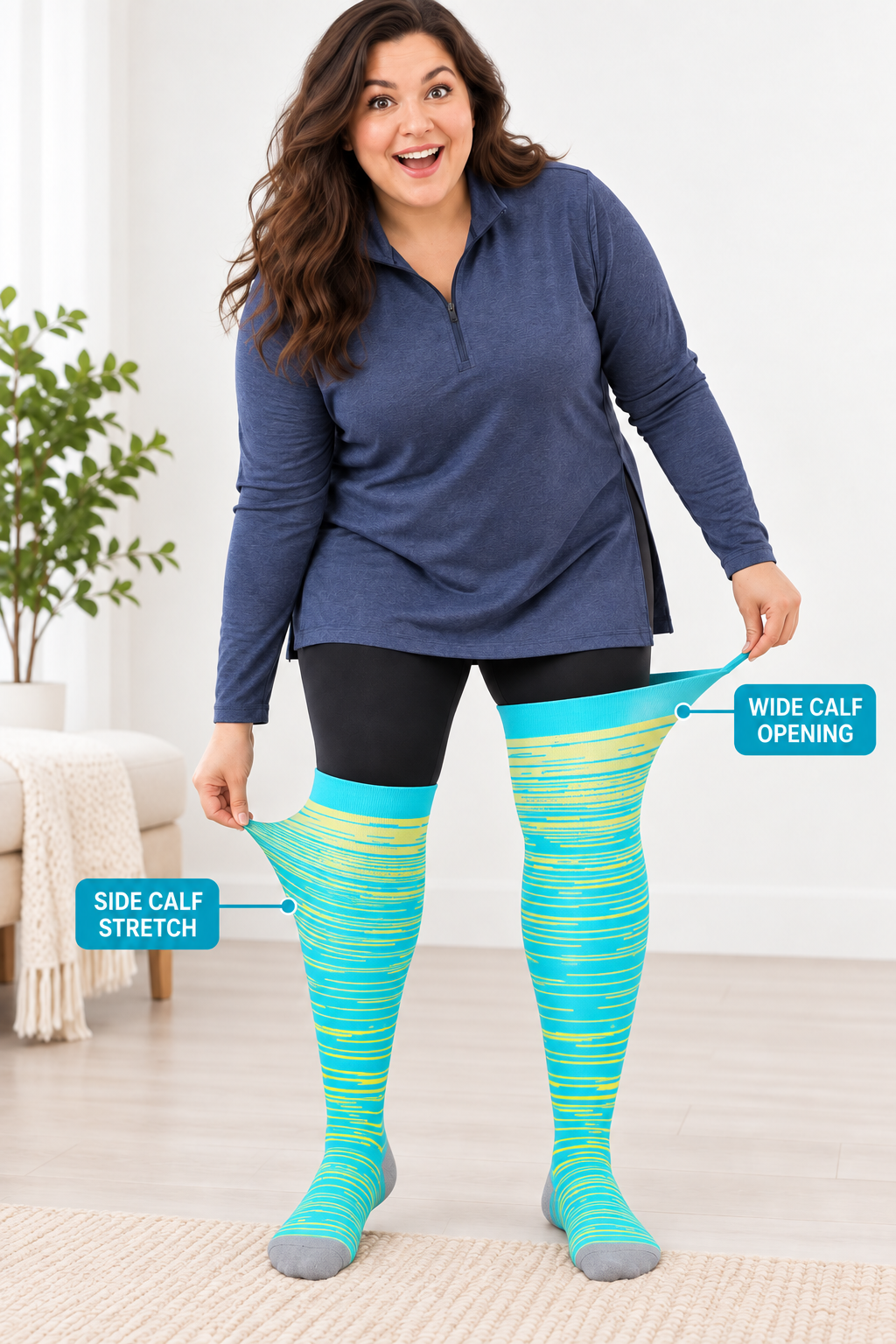 Plus size compression socks showing wide calf opening and side calf stretch