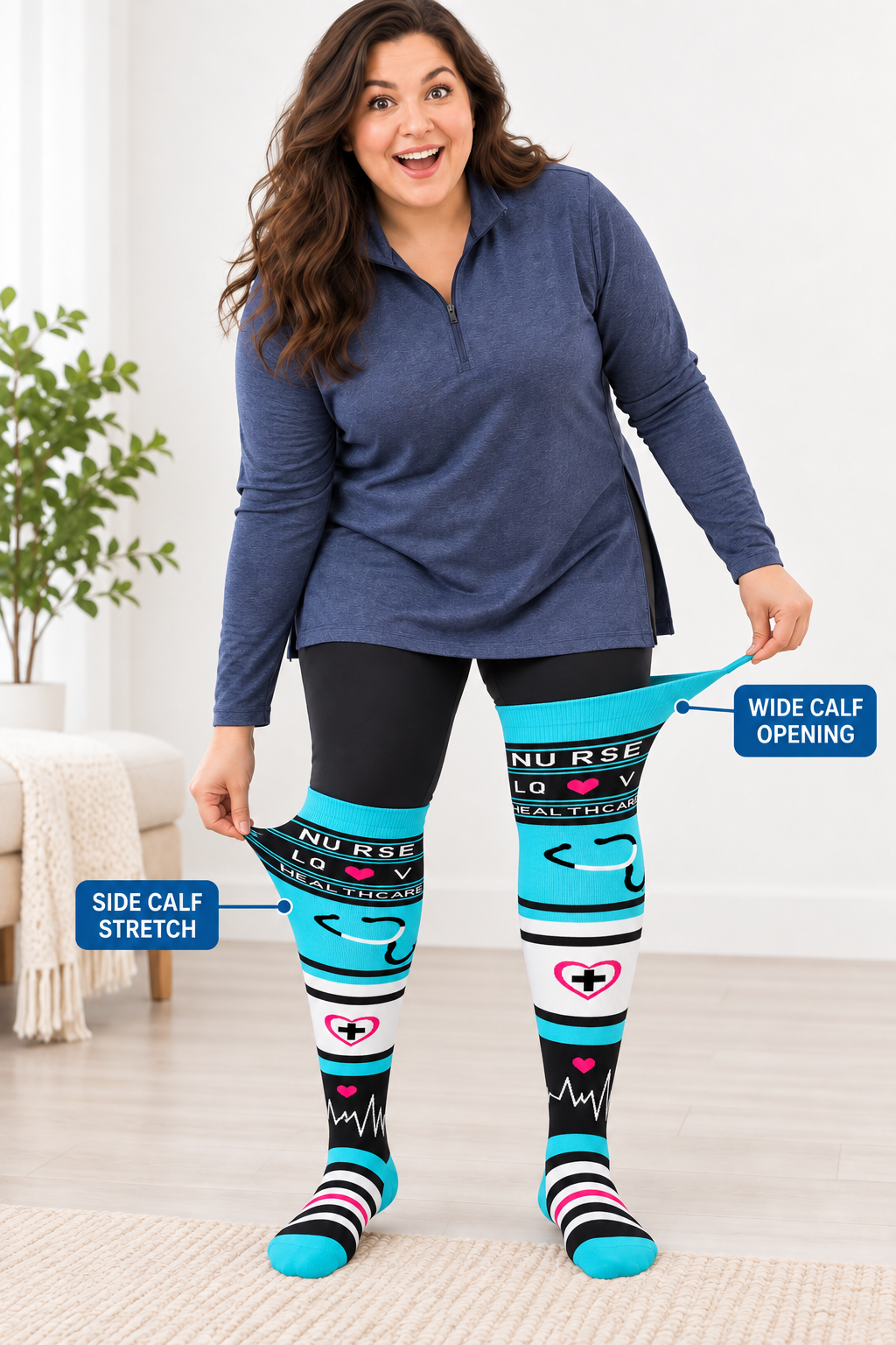Plus size compression socks showing wide calf opening and side calf stretch