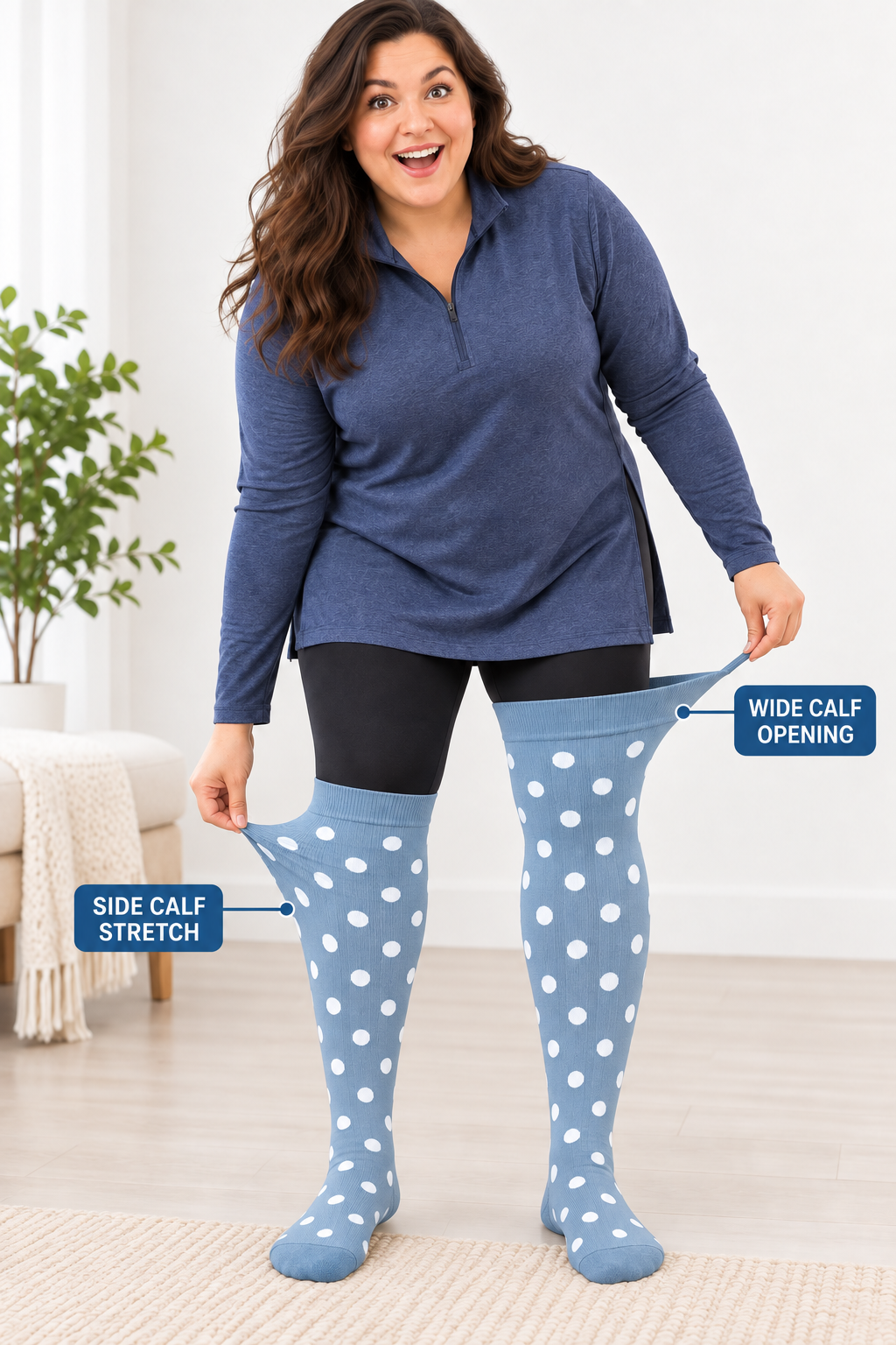 Plus size compression socks showing wide calf opening and side calf stretch