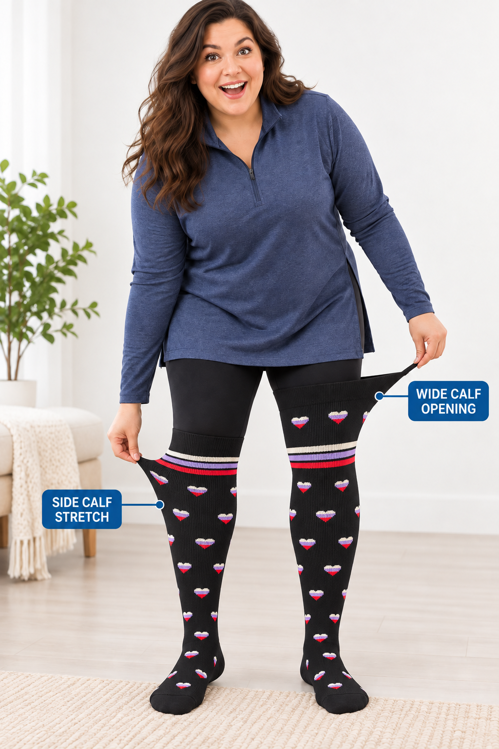 Plus size compression socks showing wide calf opening and side calf stretch