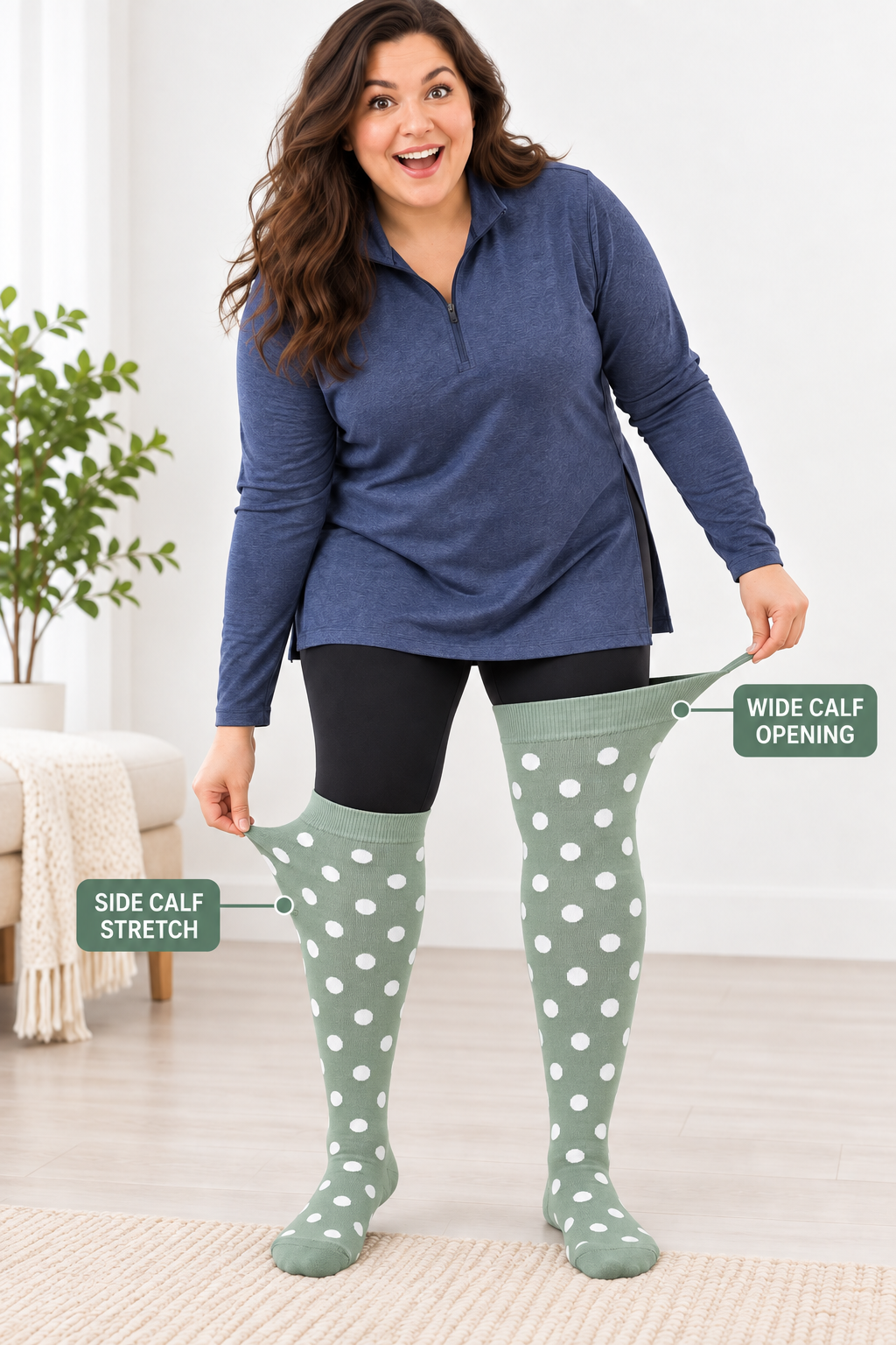 Plus size compression socks showing wide calf opening and side calf stretch