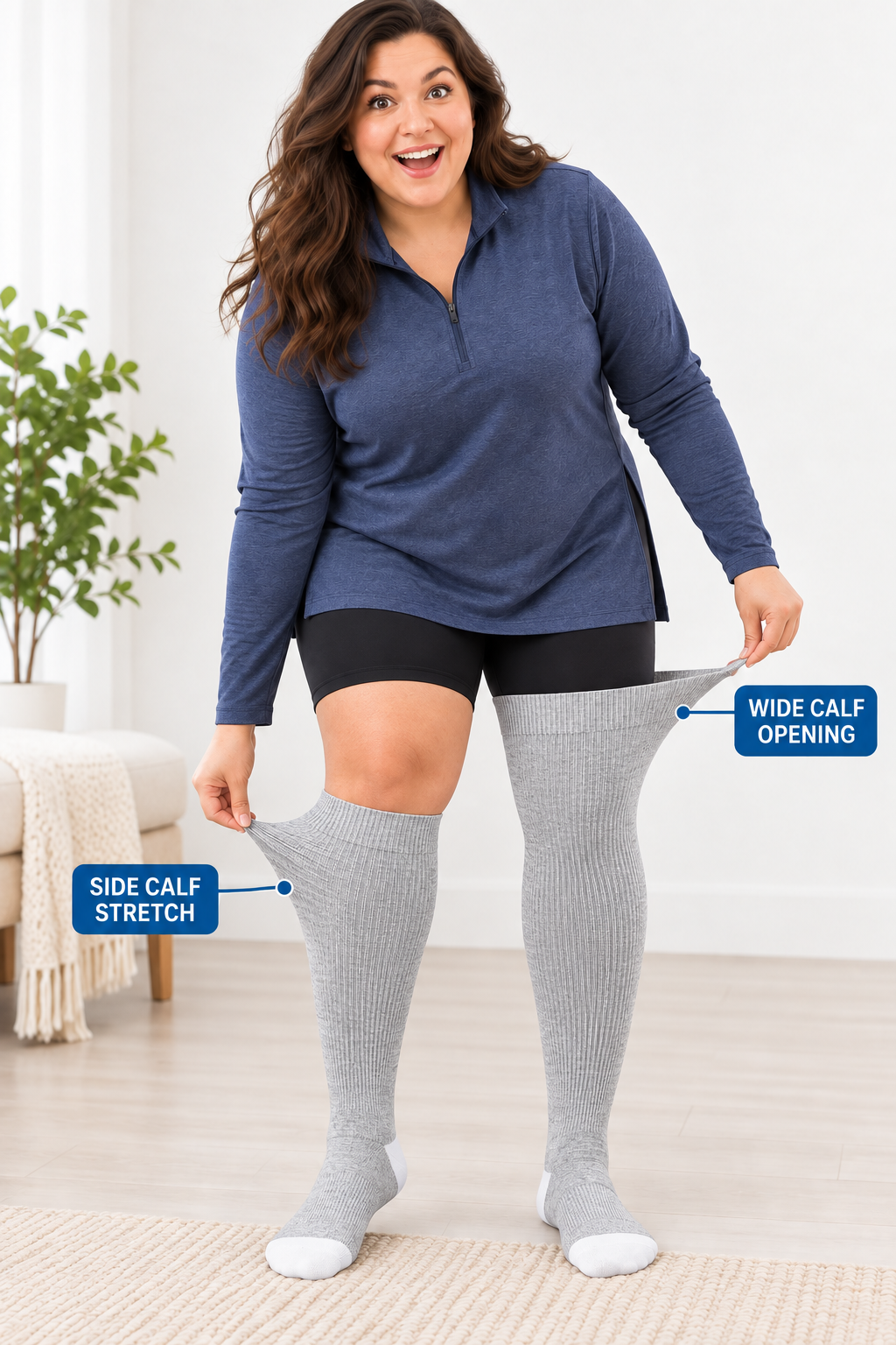 Plus size compression socks showing wide calf opening and side calf stretch