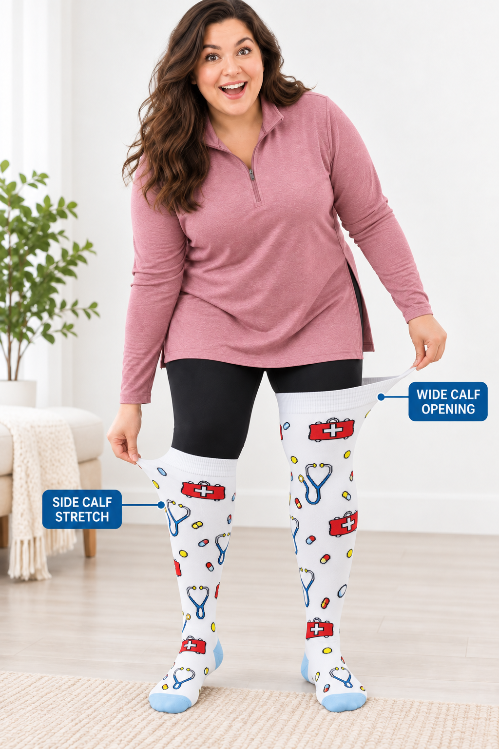 Plus size compression socks showing wide calf opening and side calf stretch