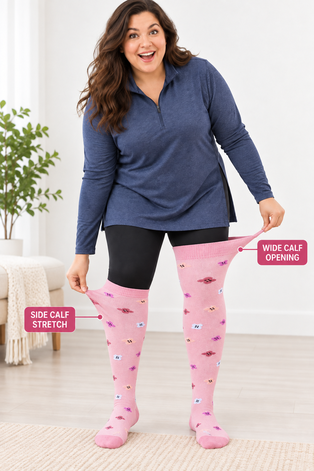 Plus size compression socks showing wide calf opening and side calf stretch