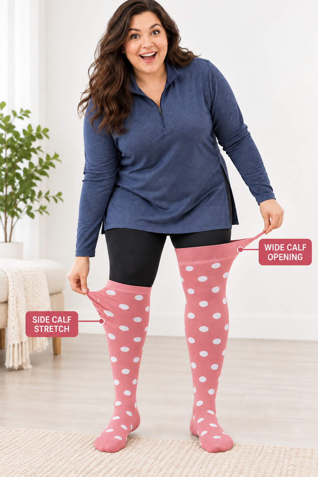 Plus size compression socks showing wide calf opening and side calf stretch
