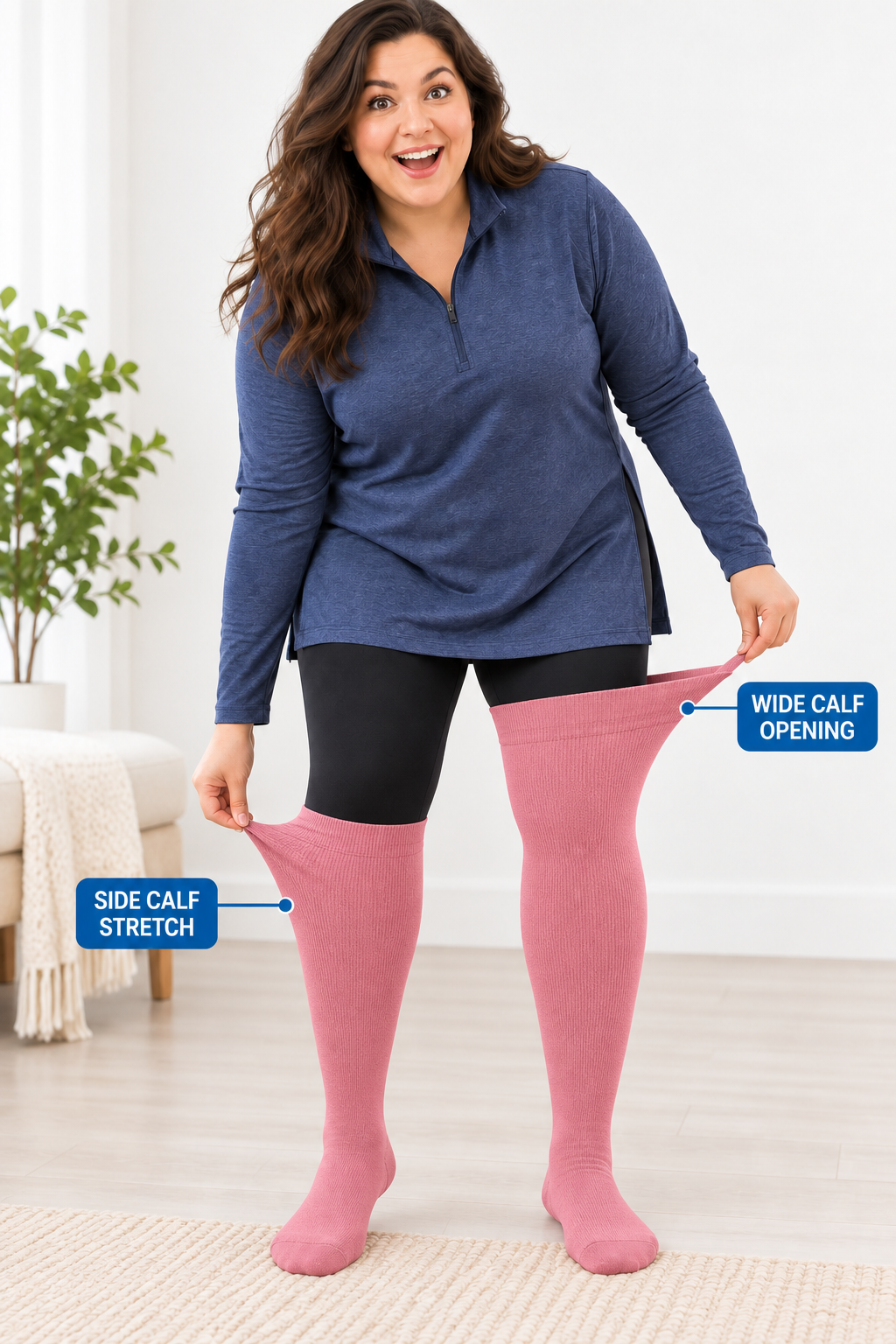 Plus size compression socks showing wide calf opening and side calf stretch