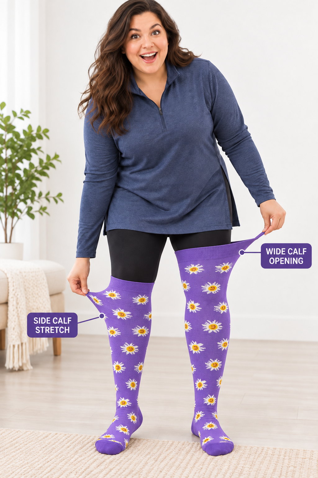 Plus size compression socks showing wide calf opening and side calf stretch