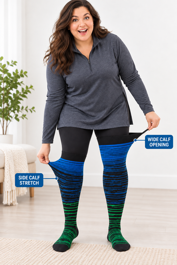 Plus size compression socks showing wide calf opening and side calf stretch
