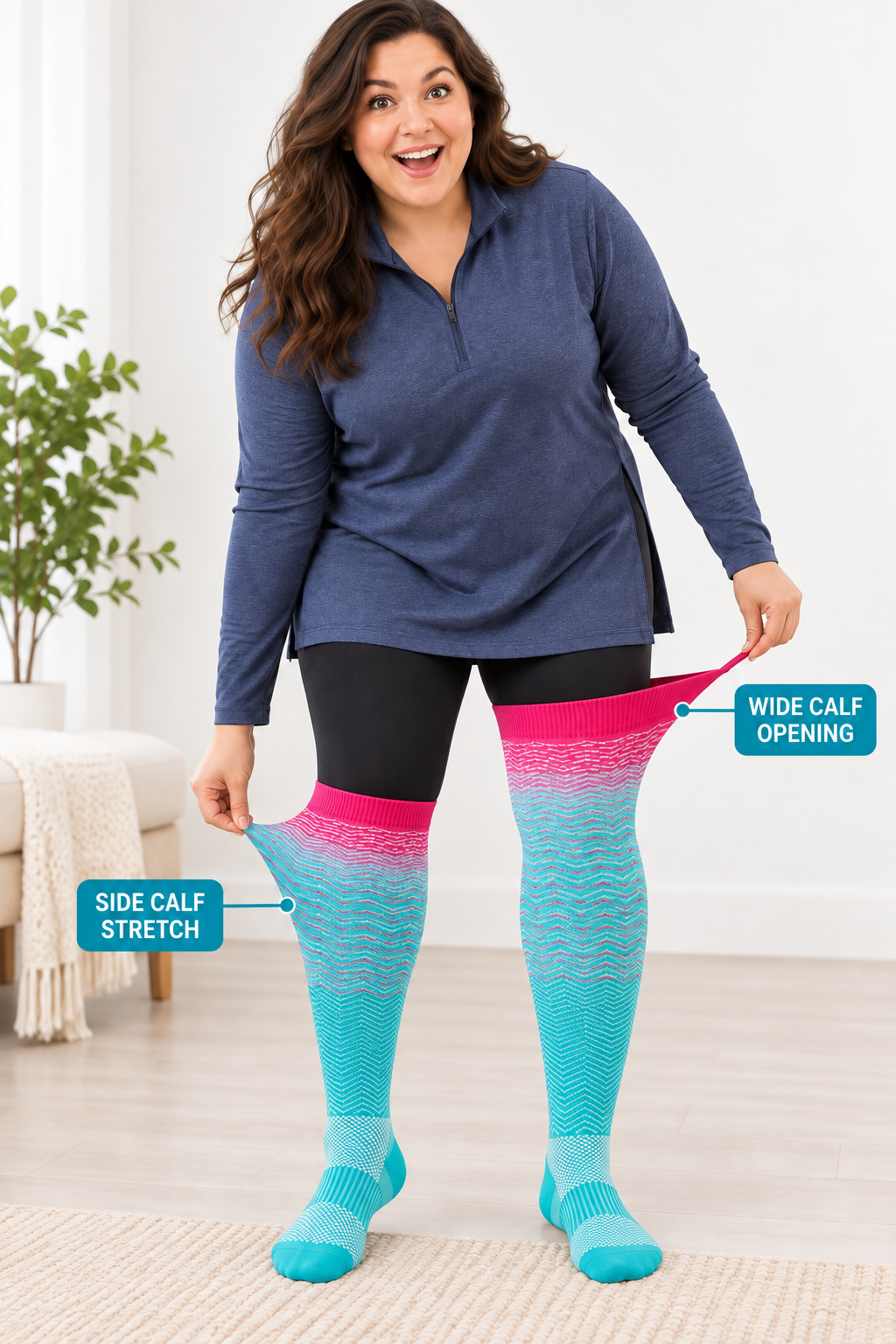 Plus size compression socks showing wide calf opening and side calf stretch