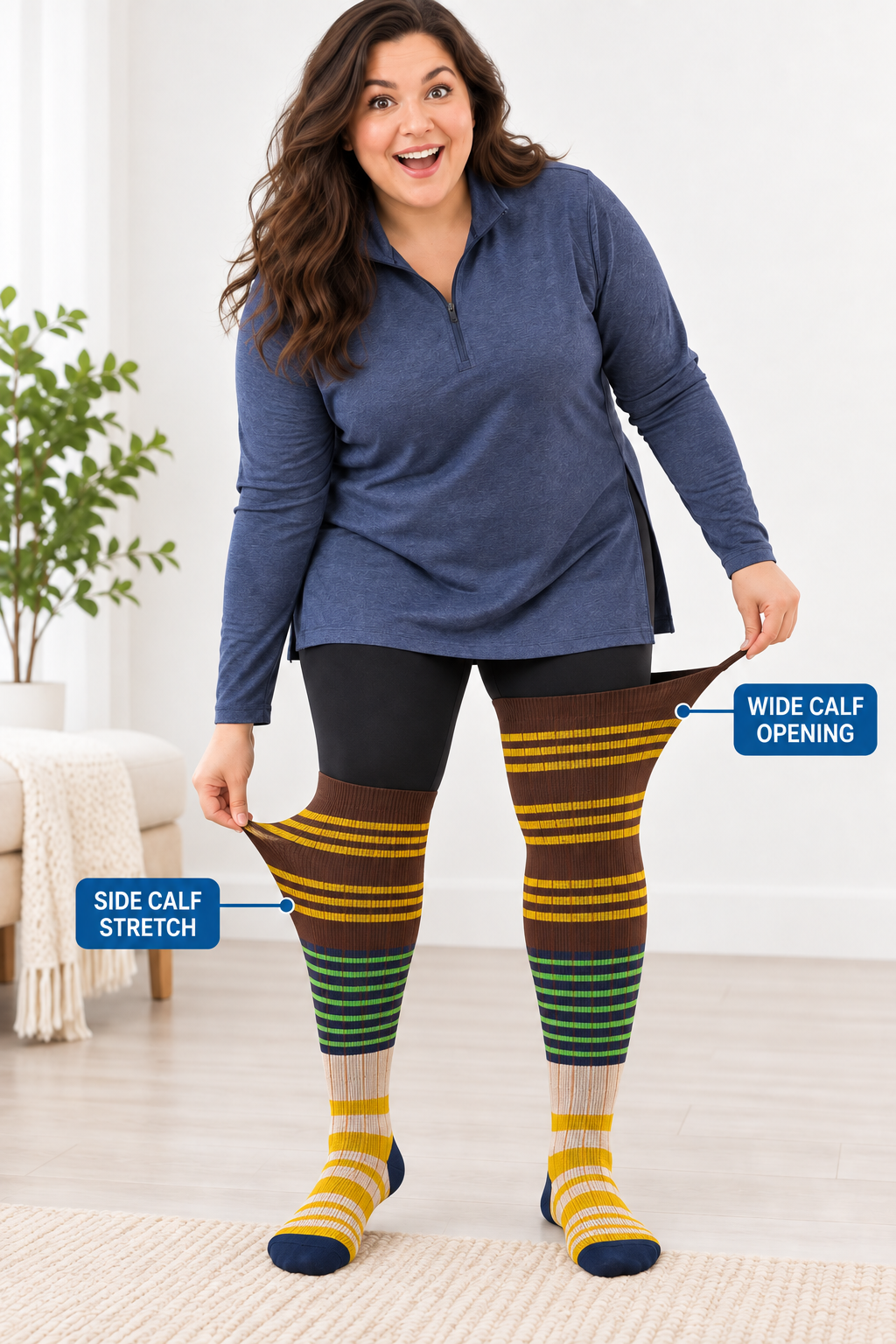 Plus size compression socks showing wide calf opening and side calf stretch