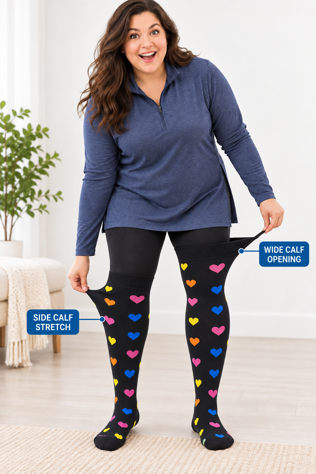 Plus size compression socks showing wide calf opening and side calf stretch