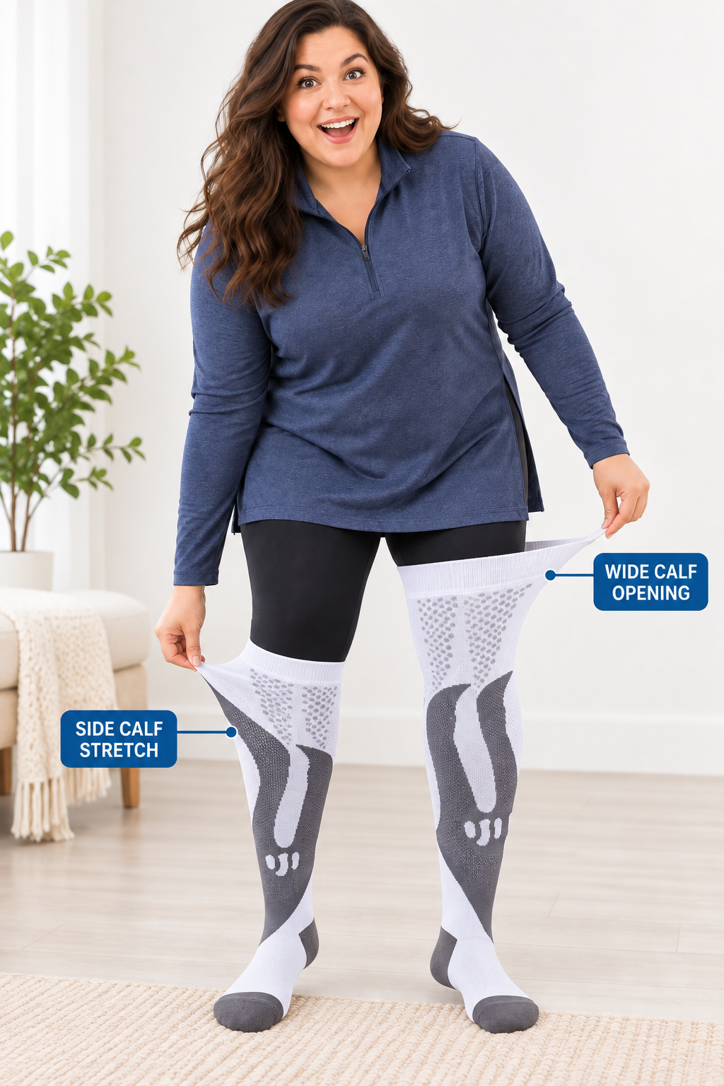 Plus size compression socks showing wide calf opening and side calf stretch