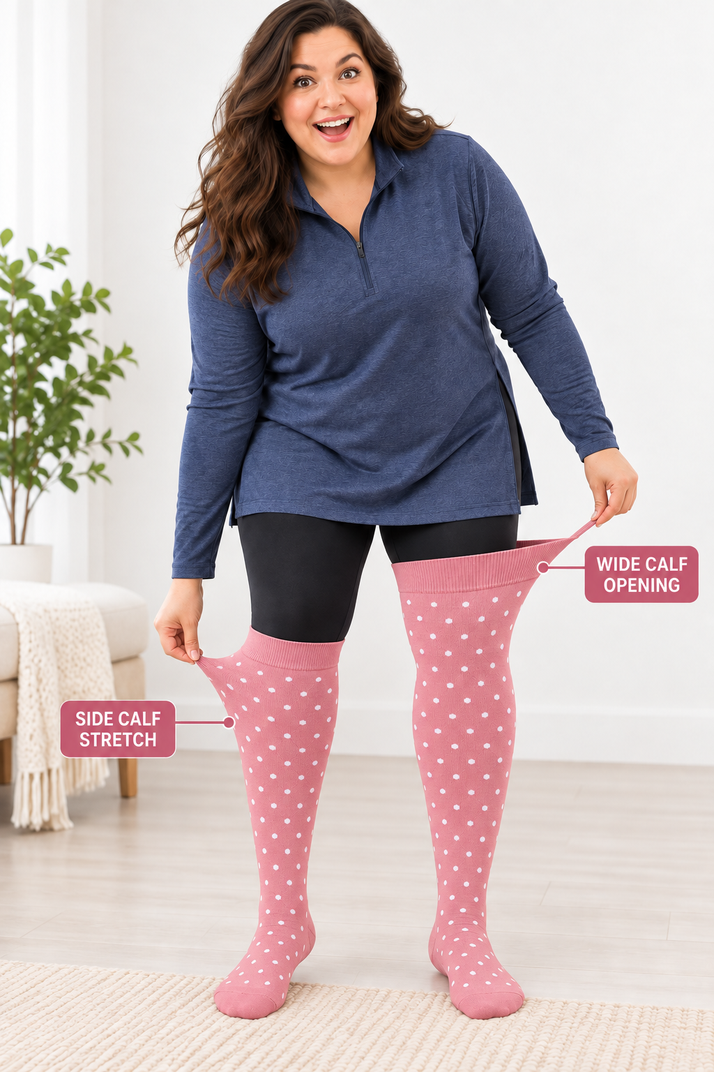 Plus size compression socks showing wide calf opening and side calf stretch