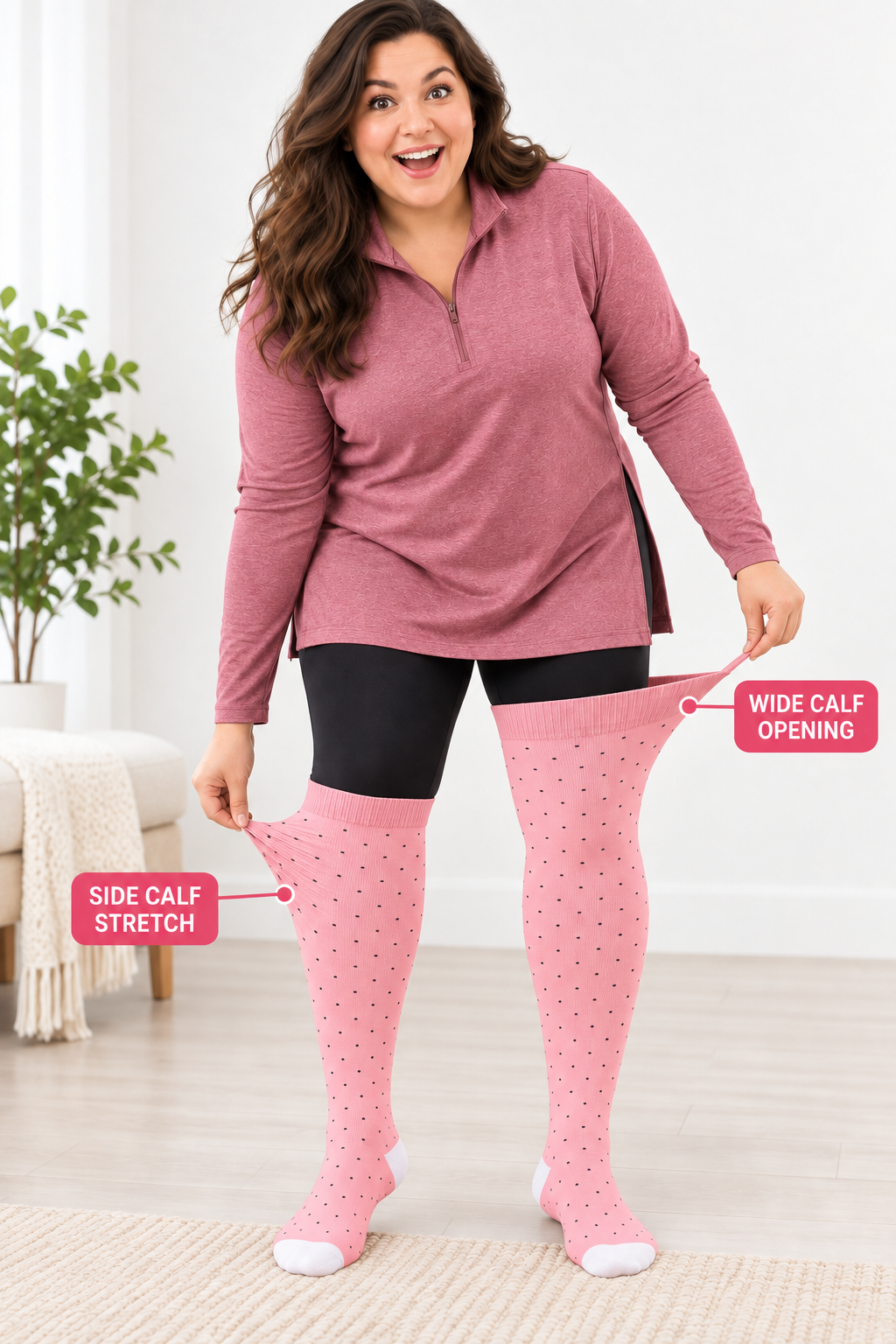 Plus size compression socks showing wide calf opening and side calf stretch