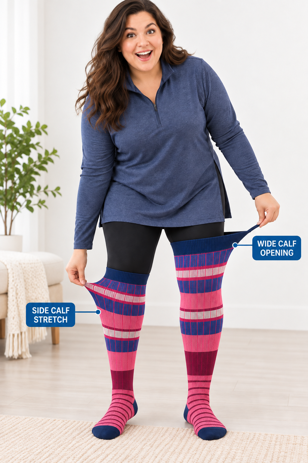 Plus size compression socks showing wide calf opening and side calf stretch