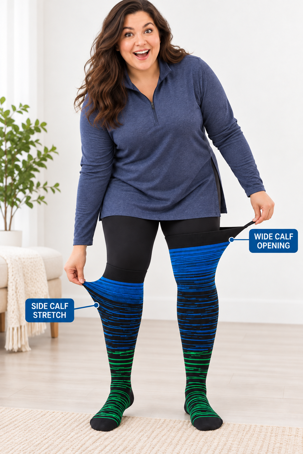 Plus size compression socks showing wide calf opening and side calf stretch