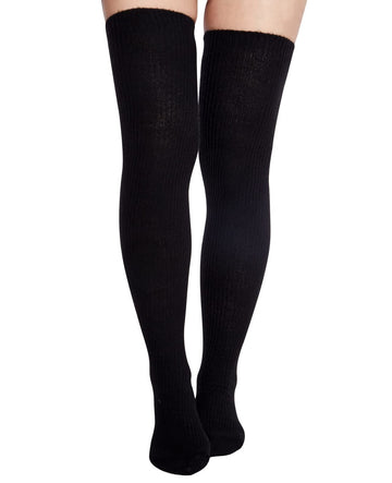 Extra Long Warm Knit Striped Thigh Highs - Black product image, extra long rib knit thigh high socks, 1300x1600