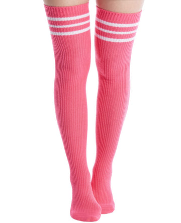 Extra Long Warm Knit Striped Thigh Highs - Bubble Gum Pink & White Striped product image, extra long rib knit thigh high socks, 1300x1600