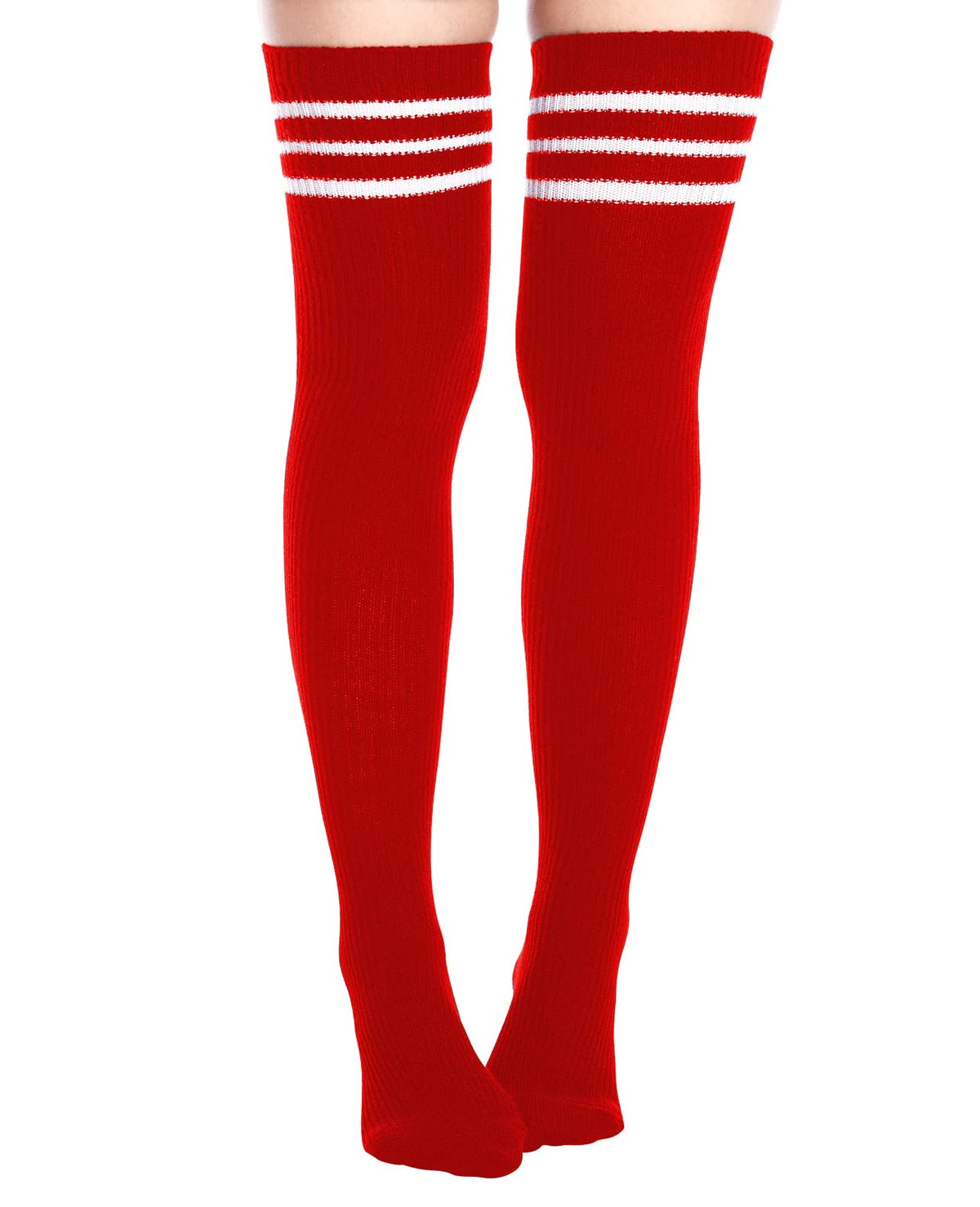 Extra Long Warm Knit Striped Thigh Highs Leg Warmers-Red & White Striped product image, extra long rib knit thigh high socks, 1300x1600