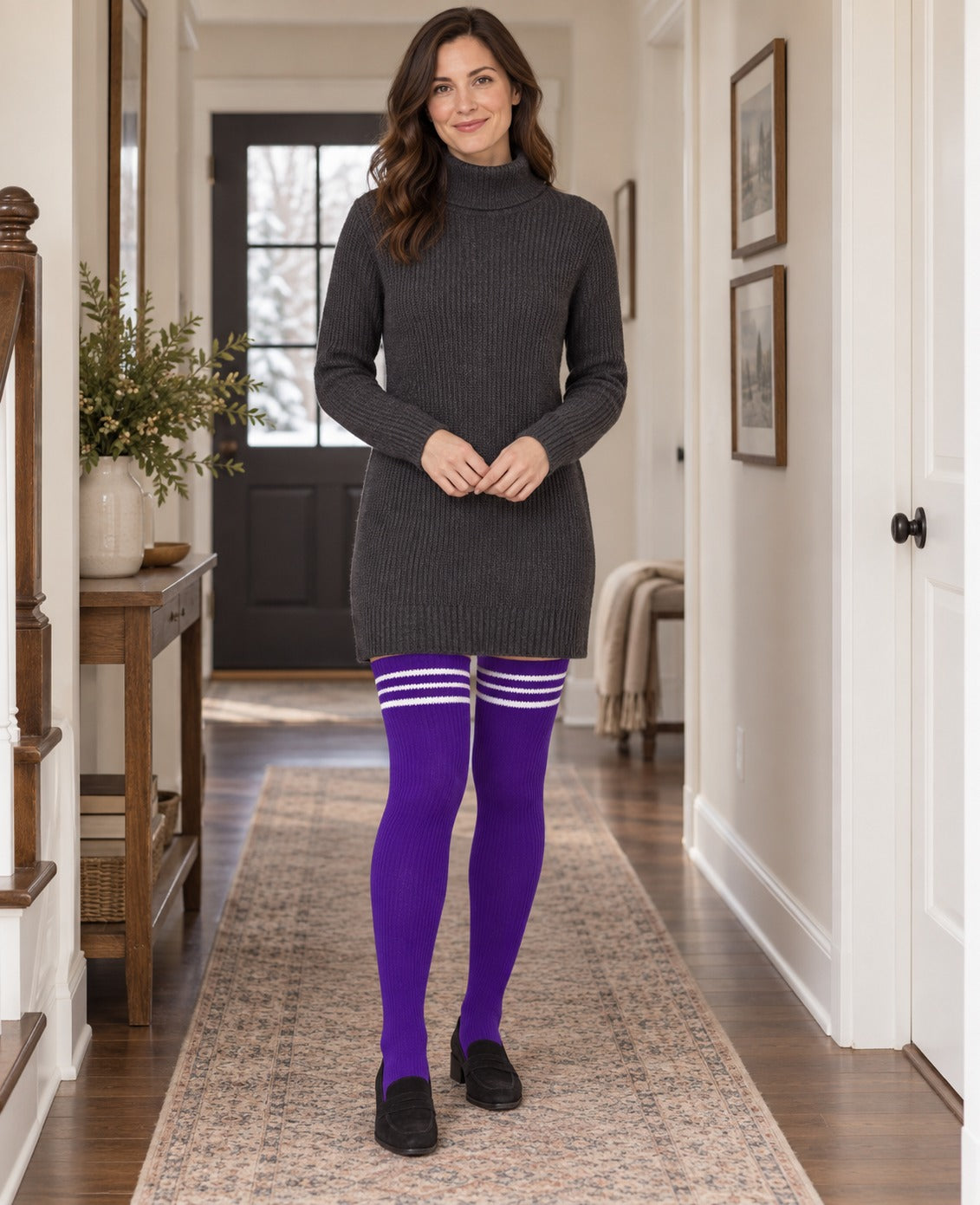 Extra Long Warm Knit Striped Thigh Highs - Purple & White Striped slim woman model wearing true thigh-high knit socks in a lifestyle 02 scene; upper-thigh cuff and original striped knit texture preserved